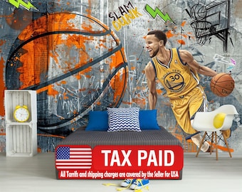 Graffiti Basketball Mural, Urban Gym Decor, Peel and Stick Wallpaper