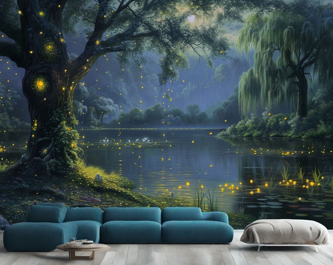 Mystical Woods Glowing Forest Moon Night Gift, Art Print Photomural Wallpaper Mural Easy-Install Removeable Peel and Stick Large Wall Decal