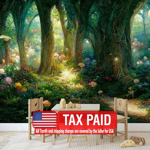 Fairytale Forest Wallpaper Mural, Magical Night Scene, Peel and Stick Decal