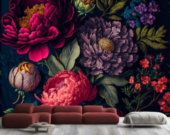 Baroque Flowers Rich Deep Colors Peonies Gift, Art Print Photomural Wallpaper Mural Easy-Install Removeable Peel and Stick Large Wall Decal