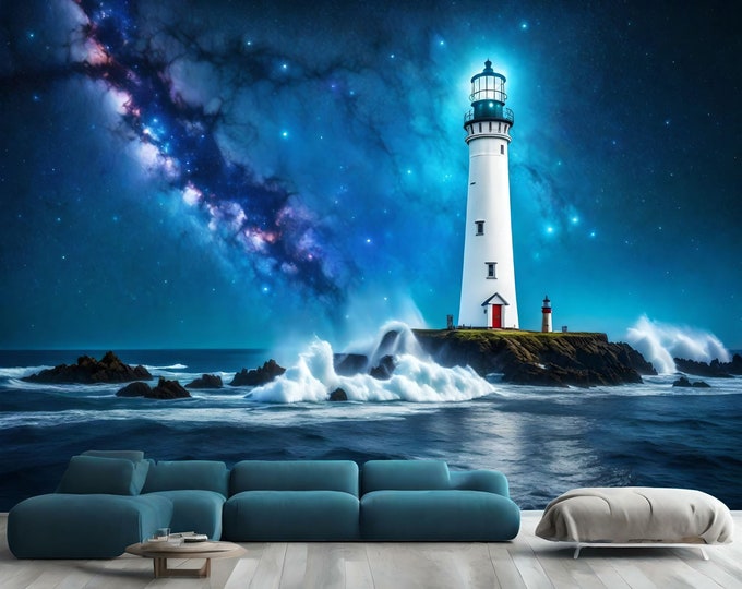 Lighthouse on Cosmic Ocean Through Nebula Gift, Art Print Photomural Wallpaper Mural Easy-Install Removeable Peel and Stick Large Wall Decal