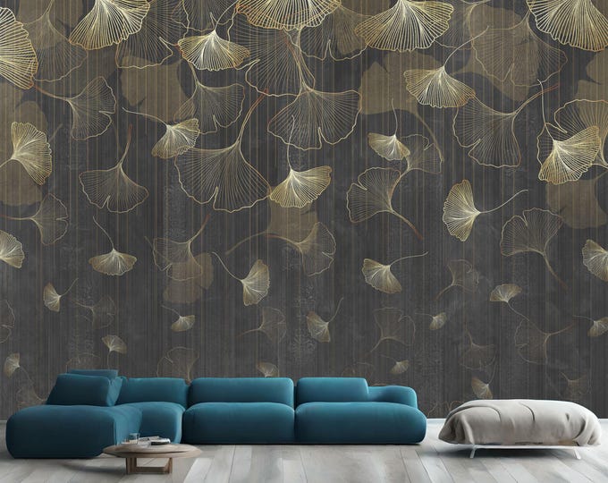 Vintage Falling Ginkgo leaves Grunge background Gift Art Print Photomural Wallpaper Mural Easy-Install Removeable Peel and Stick Wall Decal