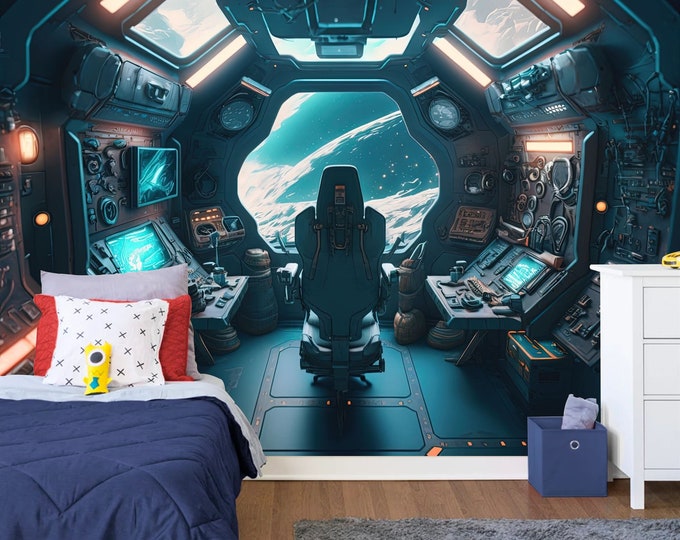 Outer Space Spaceship window View Gift, Stars Astronomy Kids Room Decor Easy-Install Wall Mural Wallpaper Peel and Stick Modern Art Washable