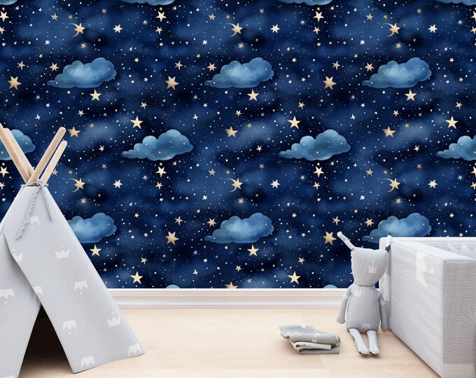 Calm Starry Night Nursery Wall Pattern Gift, Art Print Photomural Wallpaper Mural Easy-Install Removeable Peel and Stick Large Wall Decal