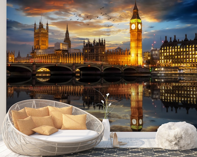 Big Ben London Bridge Night Wallpaper Mural Wall Decor Art Print Photomural Easy-Install Removable Peel & Stick High Quality Washable Vlies