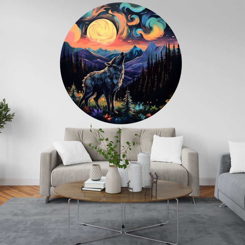 Modern Abstract Wolf at Night Circle Poster Photomural Wall Décor Easyinstall Removable Self
