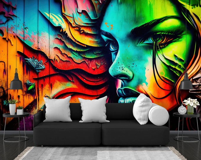 Graffiti Wall Urban AI Generative Room Decor Gift Art Print Photomural Wallpaper Mural Easy-Install Removeable Peel and Stick Large Photo