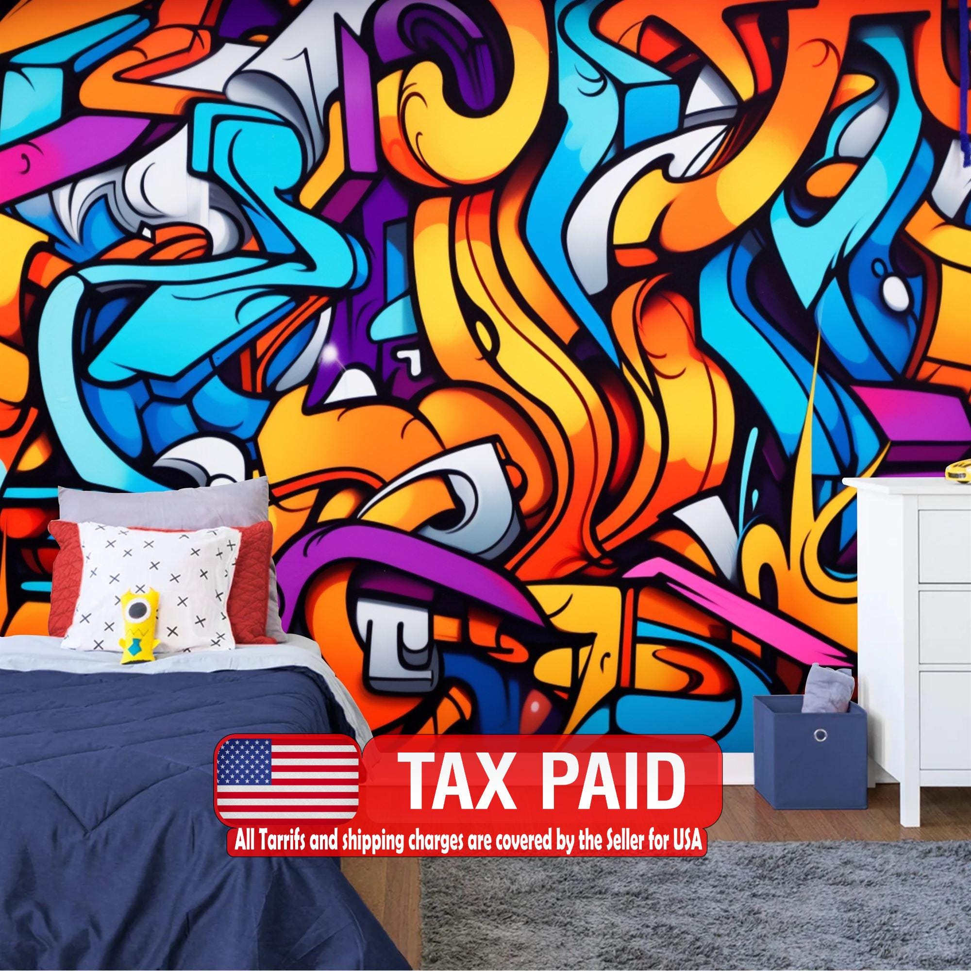 Wallpaper, Colourful Urban Graffiti Wall Mural, Chaotic Metaverse