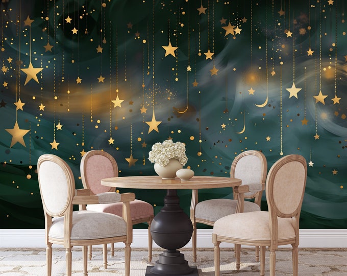 Night Sky Shining Falling Stars Sky and the Moon Gift Art Print Photomural Wallpaper Mural Easy-Install Removeable Peel and Stick Wall Decal