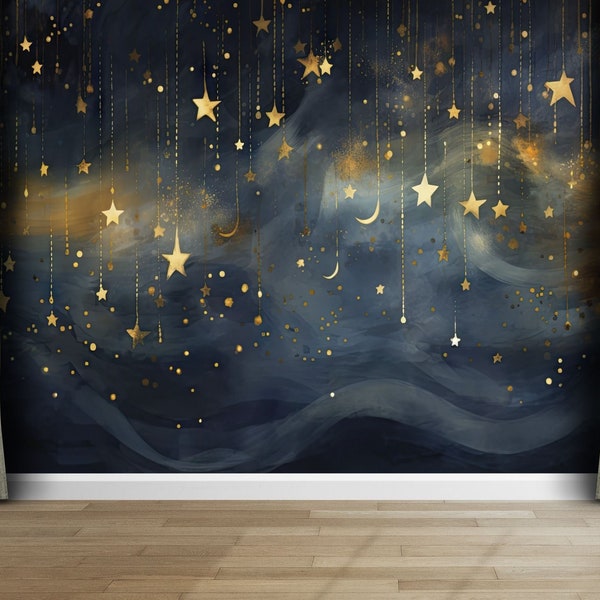 Night Sky Shining Falling Stars Sky and the Moon Gift Art Print Photomural Wallpaper Mural Easy-Install Removeable Peel and Stick Wall Decal