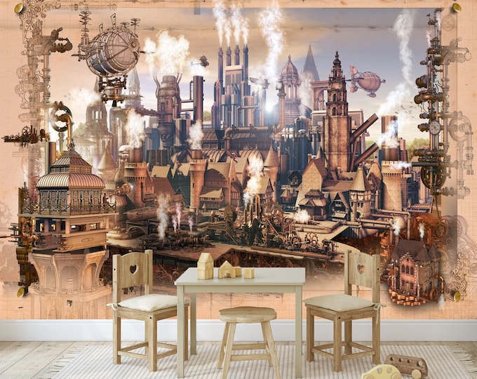 Fantasy, Steampunk Scenery Airships children Room Decor Gothic Wallpaper Collage Easy-Install Wall Mural Wallpaper Peel and Stick Modern Art