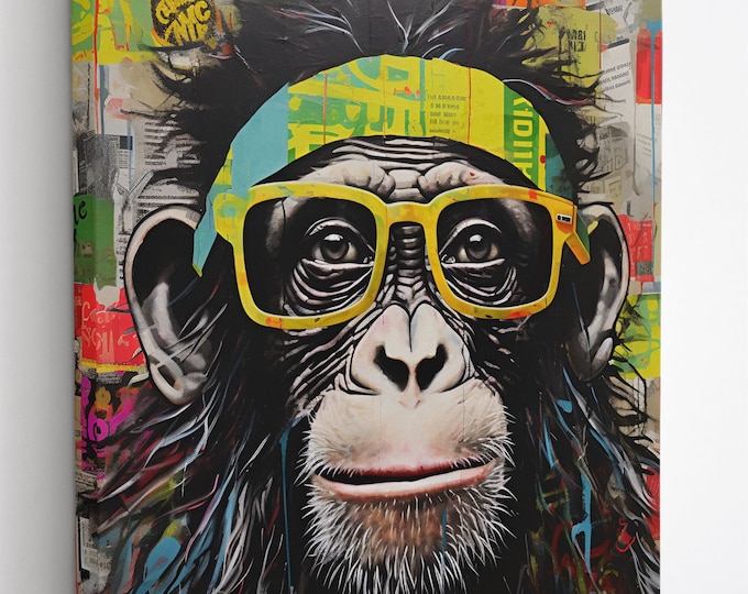 Vintage Ape Graffiti on Newspaper Grunge Square Colorful Natural Canvas Print Wall Art Picture Great Gift Idea High-Quality Home Wall Art