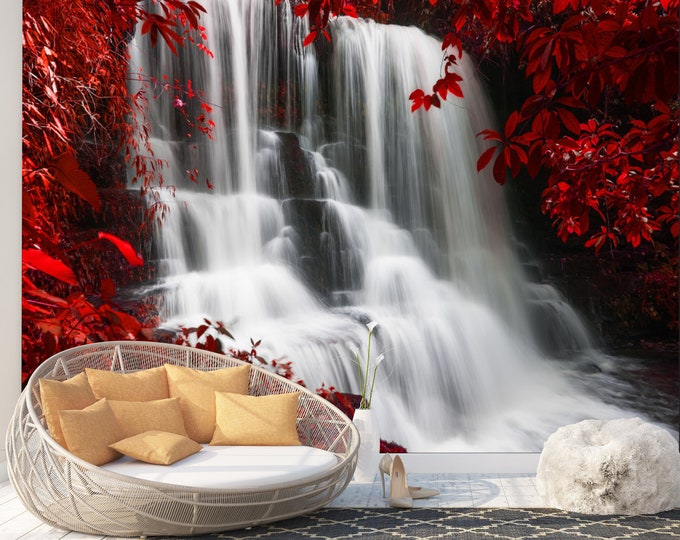 Autumn Waterfall Red Leaves Wallpaper mural Art Print Photomural Wall Decor Easy-Install Removable Peel & Stick High Quality, Washable Vlies