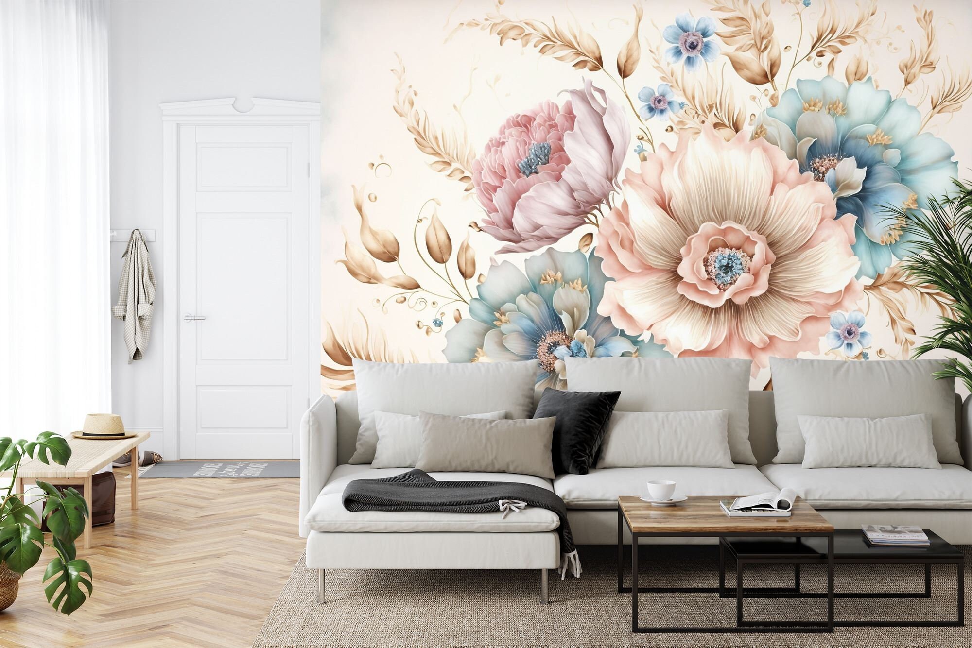 Pastel Floral Wallpaper Mural, Abstract Flowers, Peel and Stick Wall