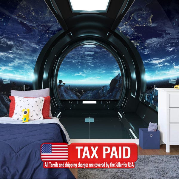 Spaceship Window View Wall Mural, Peel and Stick, Kids Room Decor