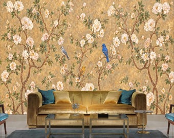 Gold Chinoiserie Songbird Art Wallpaper Mural, Peel and Stick