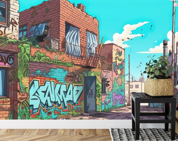 Graffiti on Building Digital Drawing Gift for Kids Art Print Photomural Wallpaper Mural Easy-Install Removeable Peel and Stick Large Photo