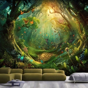 Cadeau de fleurs de papillons de la forêt enchantée fantastique, impression d'art photo murale papier peint mural amovible autocollant facile à installer