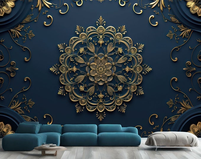 3D Ceiling Adorned Blue and Golden Mandala Gift, Art Print Photomural Wallpaper Mural Easy-Install Removeable Peel and Stick Large Decal Art