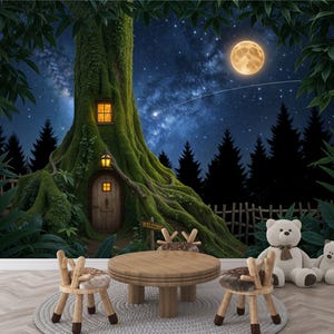 Gigantic Tree House Welcome Sign Forest Gift, Art Print Photomural Wallpaper Mural Easy-Install Removeable Peel and Stick Large Wall Decal