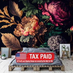 Baroque Peony Wallpaper Mural, Rich Deep Colors, Peel and Stick