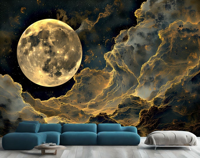 Stunning Full Moon in Golden Cloudy Night Gift, Art Print Photomural Wallpaper Mural Easy-Install Removeable Peel and Stick Large Wall Decal