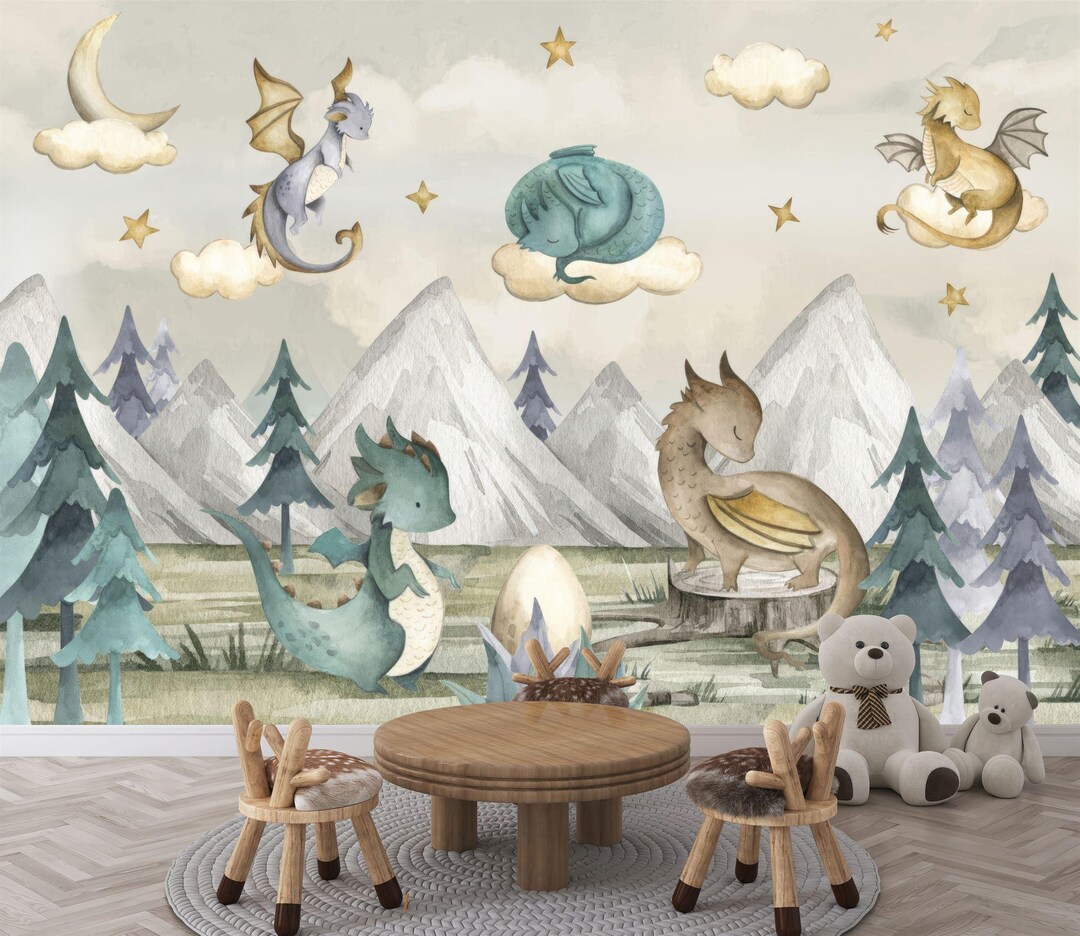 Dragons Cute Watercolor Nursery Kids Play Wall Decor Gift, Art Print ...