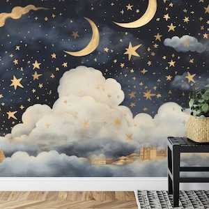 Gold, Schwarz Nachthimmel Gemälde mit Mond Sterne Wolken Geschenk Kunstdruck Fotobild Tapete Wandbild Einfach zu installierender Abziehbild zum Abziehen und Aufkleben