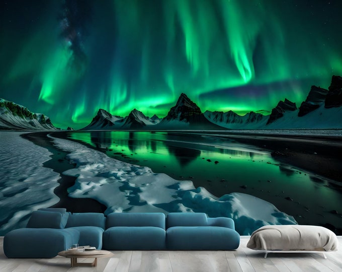 Green aurora borealis shining in night sky over snowy mountain ridge Easy-Install Wall Mural Wallpaper Peel and Stick Modern Art Washable