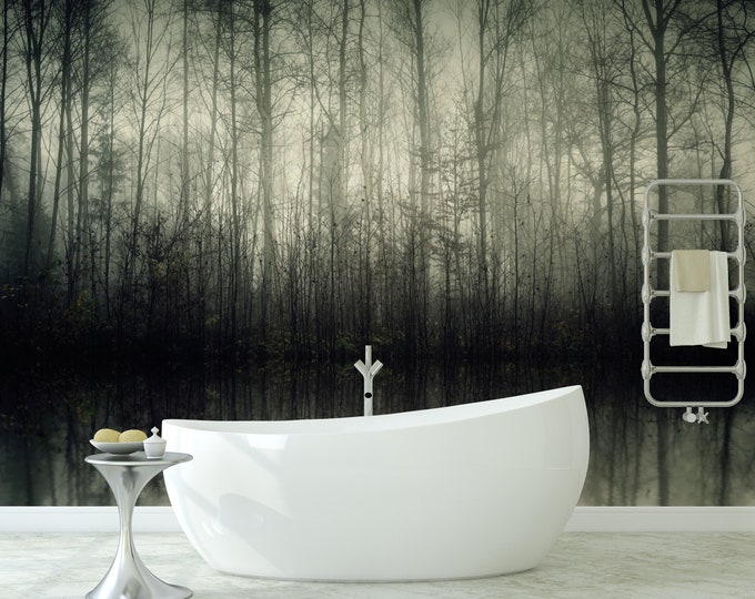 Dark Foggy Green Forest Dawn Art Print Photomural Wallpaper Mural Easy-Install Removeable Peel and Stick Premium Large Photo Wall Decal New