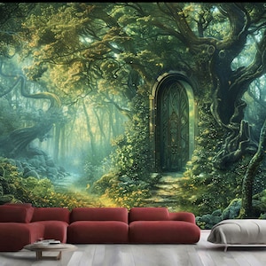 Porte de la forêt enchantée vers le mur de la chambre de bébé Magical Journey, impression d'art photo murale papier peint mural autocollant amovible facile à installer