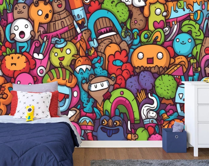 Doodle Pattern Kids Room Mural, Nursery Gift, Art Print Photomural Wallpaper Mural Easy-Install Removeable Peel and Stick Large Wall Decal