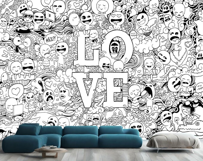 Modern Black and White Doodle Mural Gift for Kids Room Home Decor Easy-Install Wall Mural Wallpaper Peel and Stick Modern Art Washable Mural