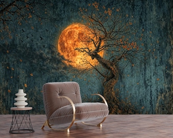 Gothic Moon Tree Silhouette Art Wallpaper Mural, Peel and Stick