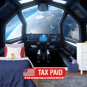 Spaceship Window View Wall Mural, Outer Space Kids Room Decor, Peel and Stick Wallpaper