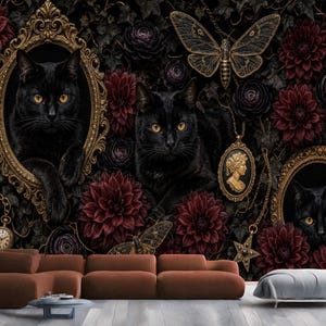 May include: A wall mural featuring three black cats with yellow eyes, ornate gold frames, dark red dahlia flowers, and gold butterfly accents. The design includes a vintage pocket watch, a cameo pendant, and a star charm against a dark background.