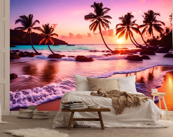 Sunset on a Tropical Sandy Beach Gift, Art Print Photomural Wallpaper Mural Easy-Install Removeable Peel and Stick Large Wall Decal Art New