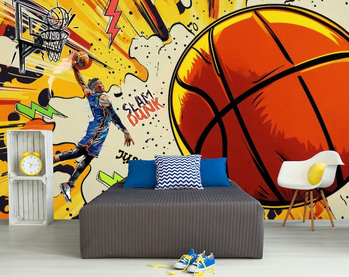 Graffiti Basketball Gym Decor Urban Street Motivation Gift Art Print Photomural Wallpaper Mural Easy-Install Removeable Peel and Stick Decal