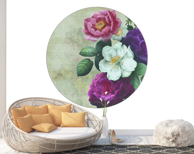 Circle Art Form Vintage Botanic Flowers Pastel Photomural Wall Décor Easy-Install Removable Self-Adhesive Peel & Stick High Quality Sticker