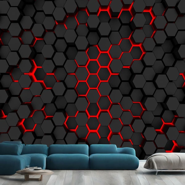 Black and Red, Hexagons, Geometric, Gift, Art Print Photomural Wallpaper Mural Easy-Install Removeable Peel and Stick Large Photo Wall Decal