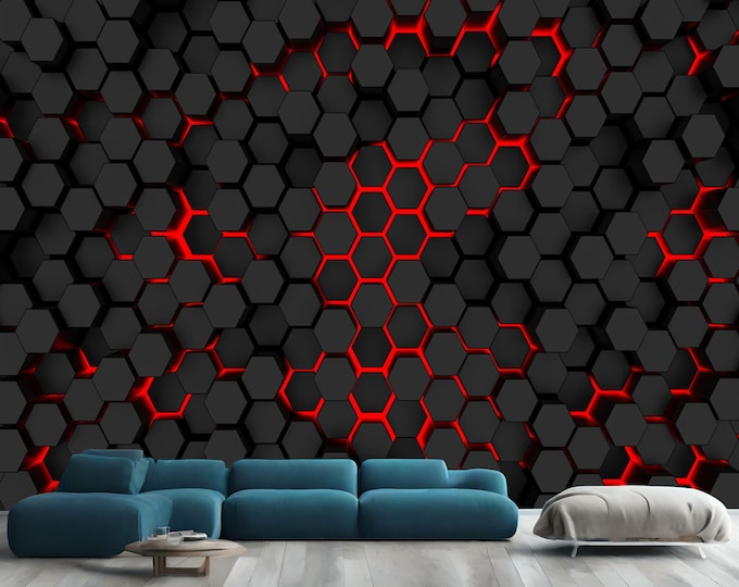 Black and Red, Hexagons, Geometric, Gift, Art Print Photomural Wallpaper Mural Easy-Install Removeable Peel and Stick Large Photo Wall Decal