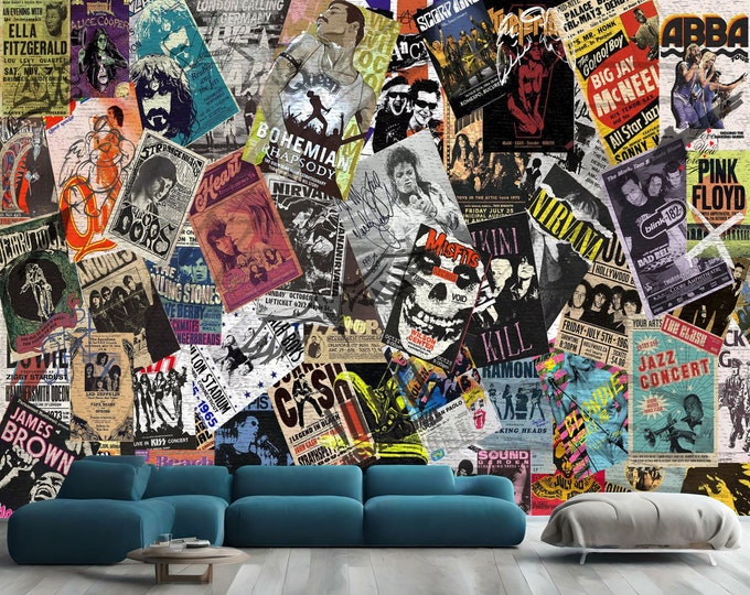 Vintage Concert Posters Wall Photomural Wallpaper Peel and Stick Music Washable Street Art Removeable teenage Wall Decor Print Easy-Install