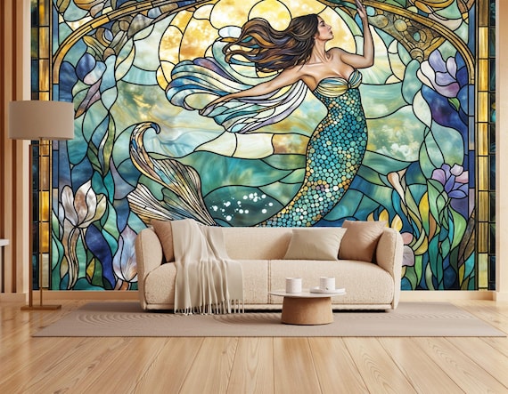マーメイドステンドグラスの壁紙、貼ってはがせる壁画 - Etsy 日本