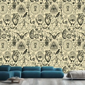 Abstract Vintage Alchemy Esoteric witchcraft Wallpaper sketches Gothic Easy-Install Wall Mural Wallpaper Peel and Stick Modern Art Washable