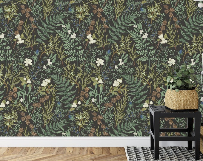 Dark Fern Botanical Wallpaper Pattern Gift, Art Print Photomural Wallpaper Mural Easy-Install Removeable Peel and Stick Large Wall Decal Art