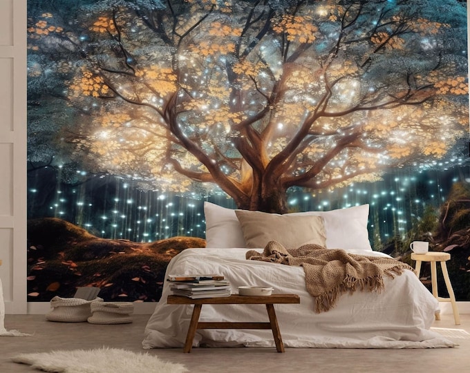 Mystical Tree Full of Lights AI Generative Gift Art Print Photomural Wallpaper Mural Easy-Install Removeable Peel and Stick Large Wall Decal