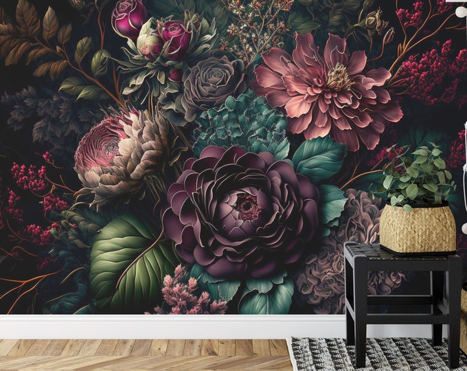 Baroque Flowers Rich Deep Colors Peonies Gift, Art Print Photomural Wallpaper Mural Easy-Install Removeable Peel and Stick Large Wall Decal