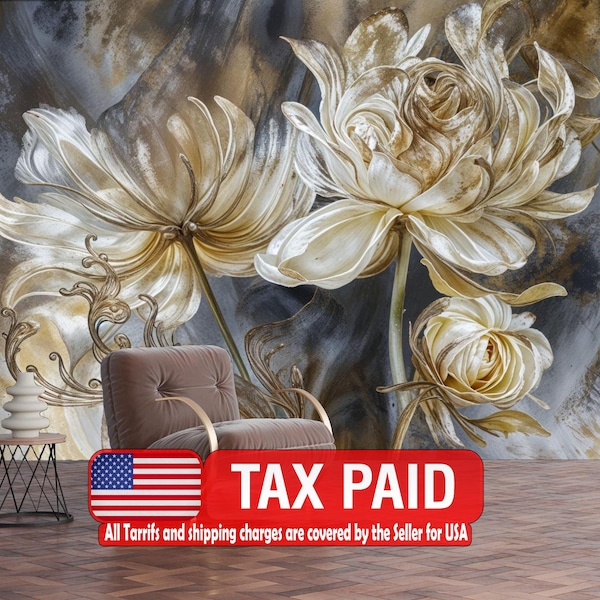 Baroque Peonies Wallpaper Mural, Rich Colors, Peel and Stick