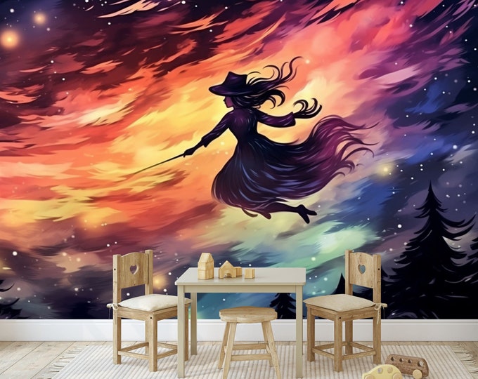 Witch Flying on Broomstick on Starry Night Gift Art Print Photomural Wallpaper Mural Easy-Install Removeable Peel and Stick Large Wall Decal