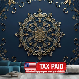 May include: A navy blue wall mural with a large, ornate gold floral design. Gold scrollwork and floral accents frame the central design. The text "TAX PAID" is displayed in a red banner.